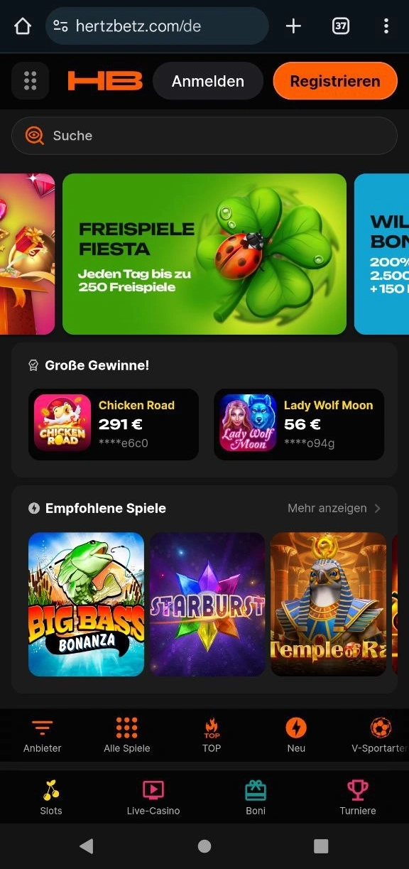 Hertzbetz Casino Startseite mobile Ansicht
